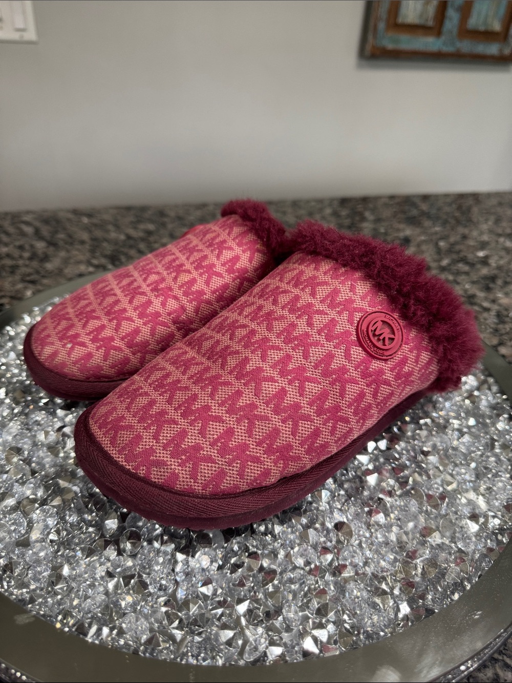 Michael Kors Berry burgundy MK Logo Fur-Trim Slip-On Slippers 8